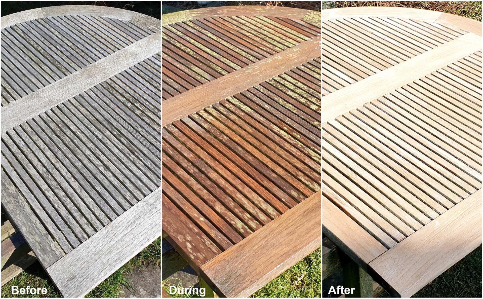 Before and after images of the kit being used on a teak table
