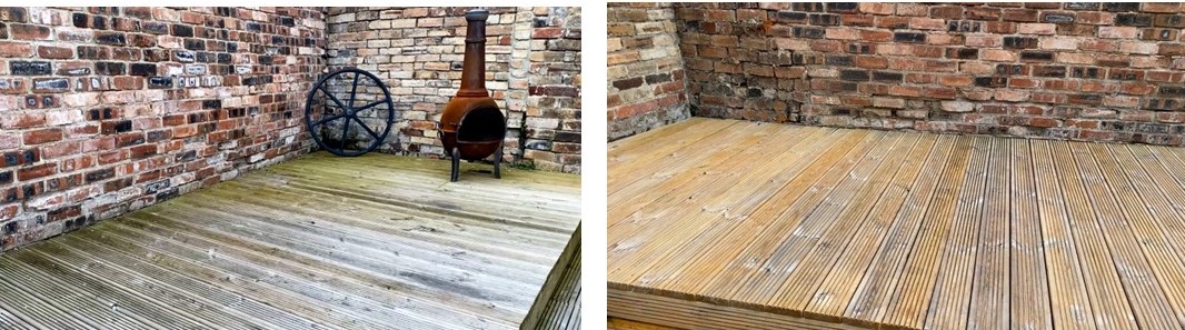 Before and after image of a deck that has been cleaned